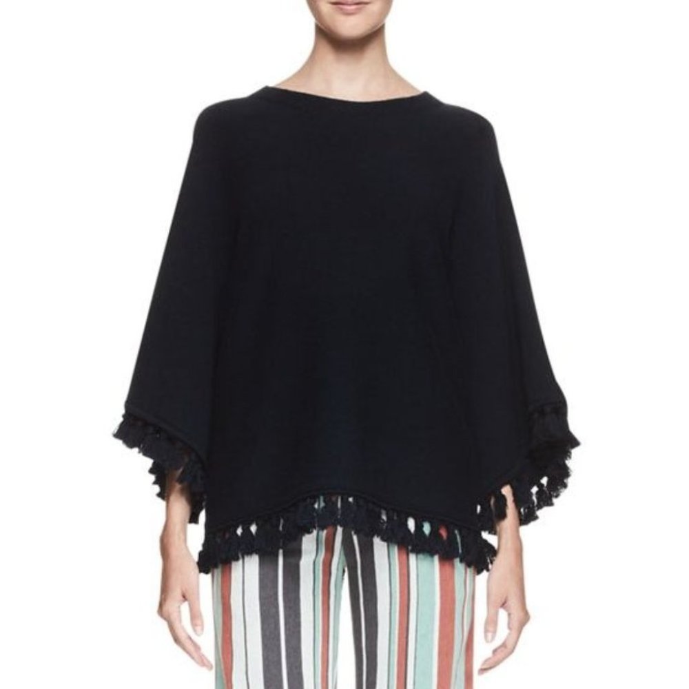 Chloe Fringe Poncho in Night Blue Cotton Wool Blend Drape Sweater Navy S - Picture 1 of 9